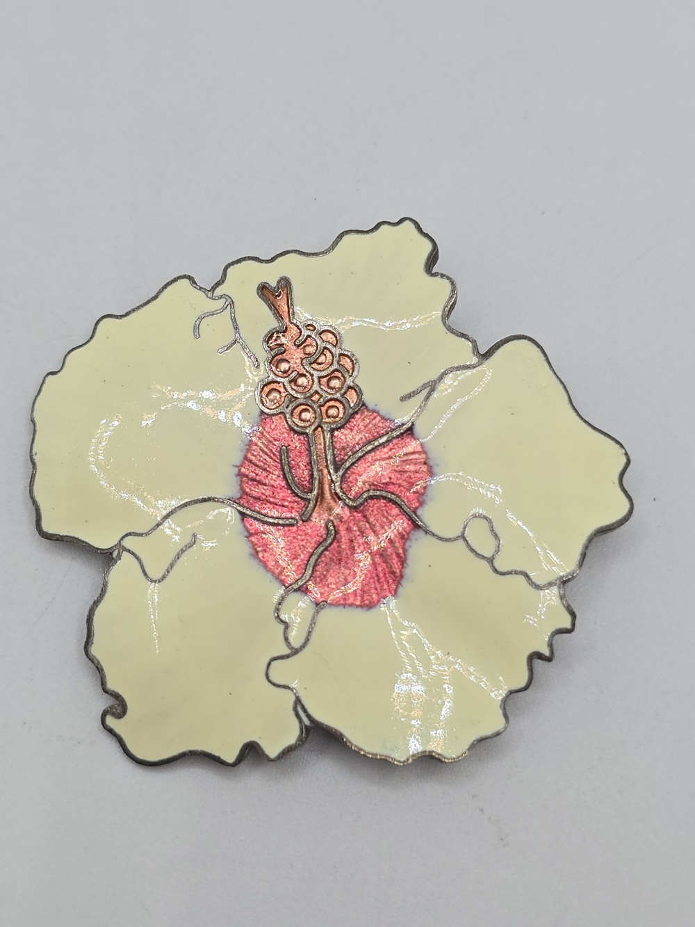Hibiscus Flower Brooch Cream & Pink Enamel Silver Tone Vintage 1-7/8"